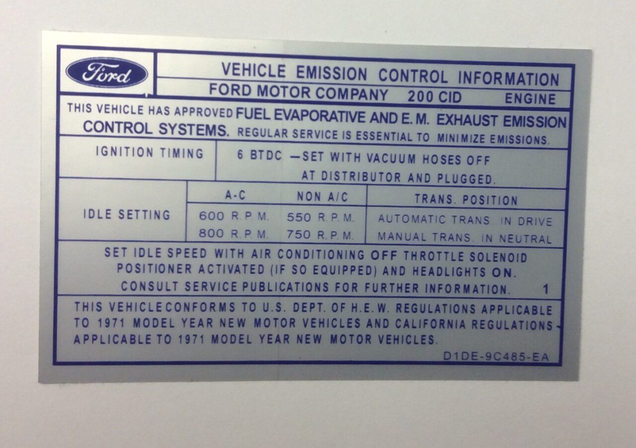 Vehicle Emission Control Decal 1971-1974 For 200ci